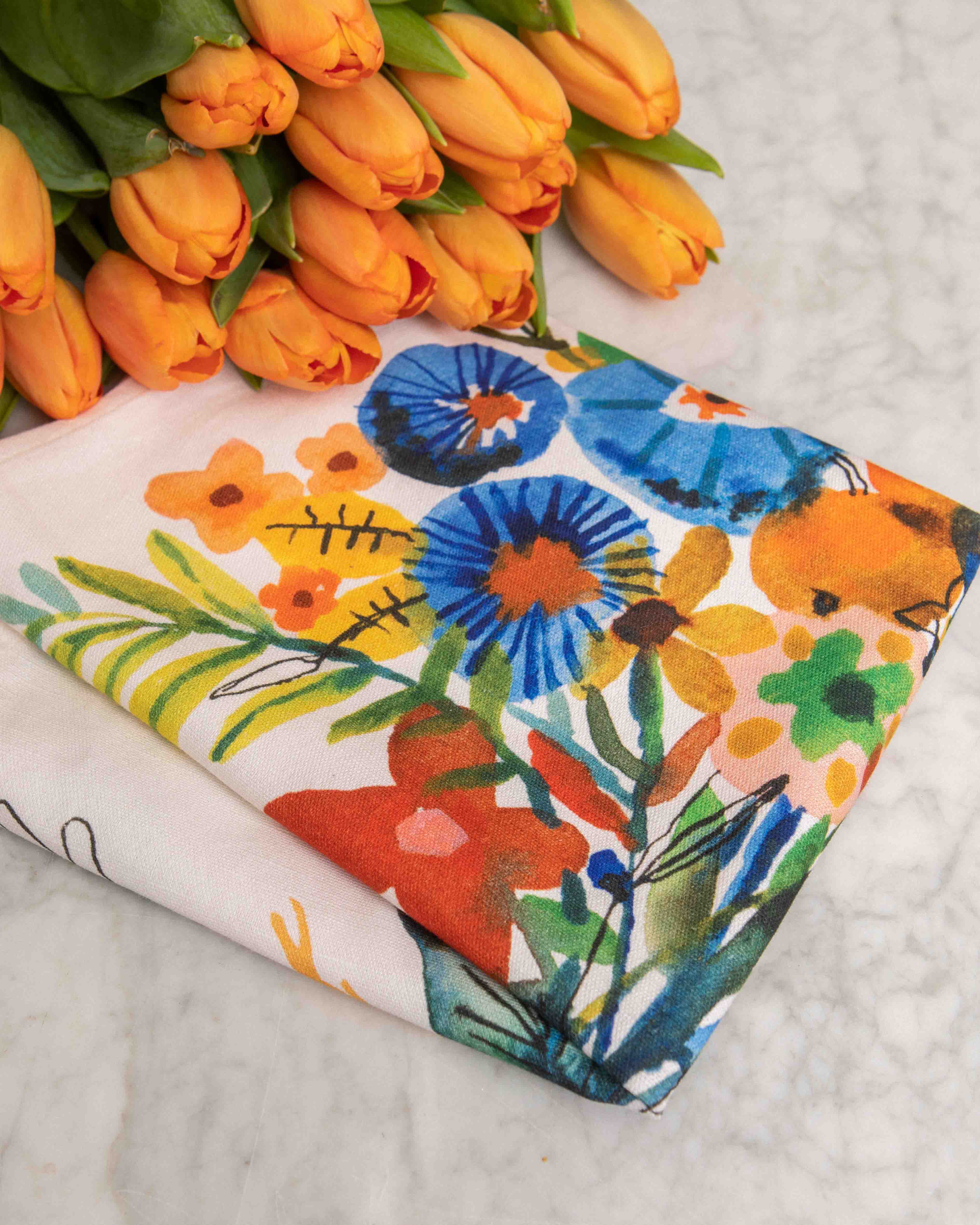 Blue & Orange Bouquet Tea Towel